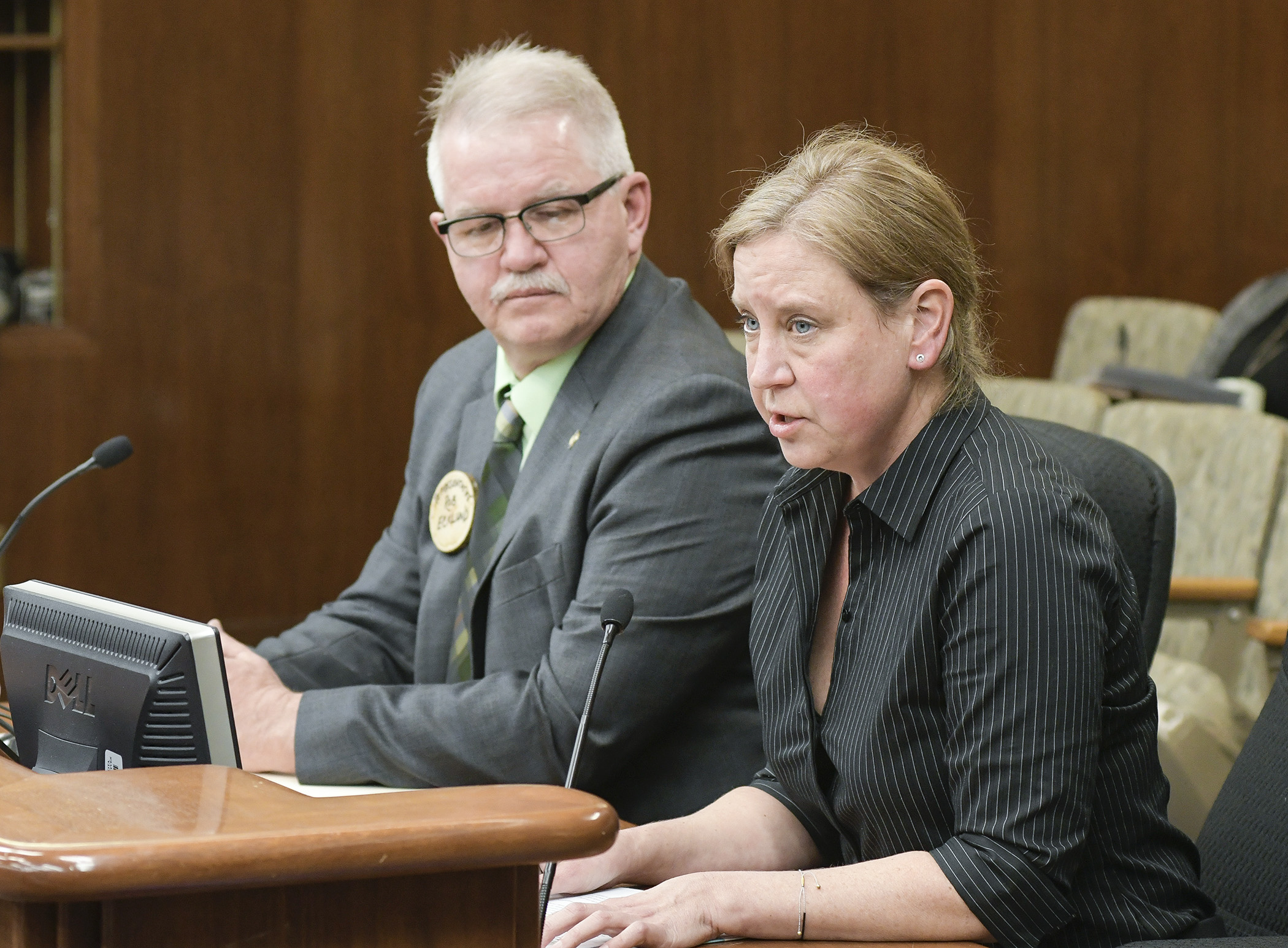 Karen Blackburn, executive director for Cook County Higher Education, testifies March 14 in support of a bill sponsored by Rep. Rob Ecklund, left, that would provide educational programming and academic support funding for northeastern Minnesota. Photo by Andrew VonBank